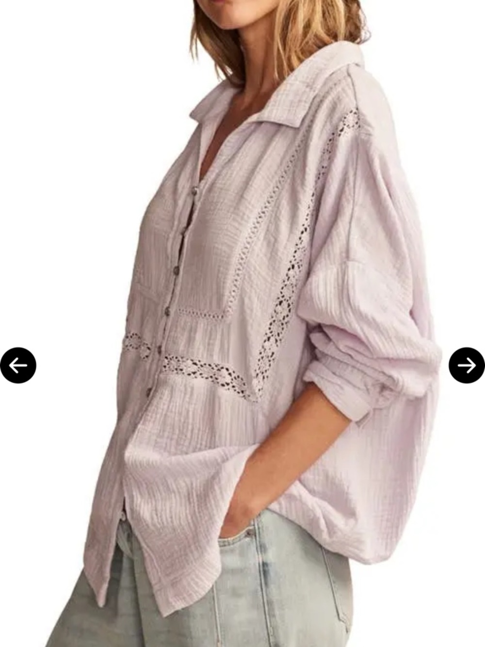 Lucky Brand Lavender Button-Down Cotton Lace Trim Top